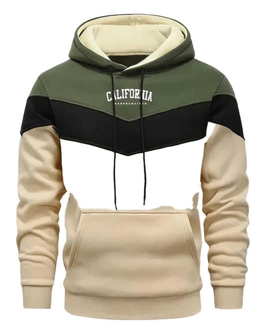 Comfortable men's tricolor hoodie featuring a stylish chevron design in green, black, and beige