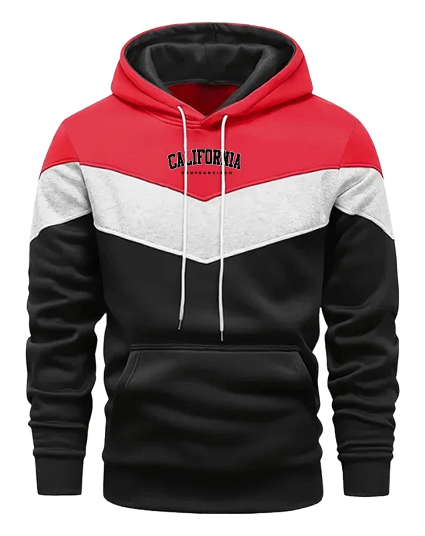 LuckeLadybug comfortable men's tricolor hoodie with black, red, and white design for casual wear