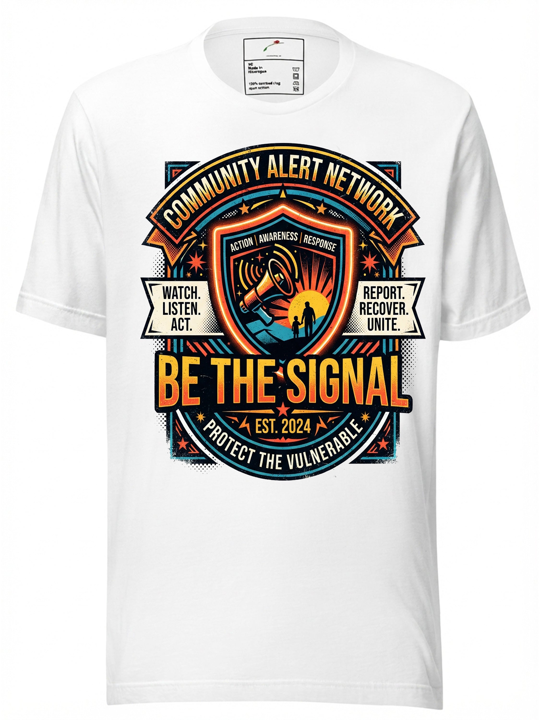 Community Alert Network graphic tees t shirt with vibrant colors and eye-catching design for awareness
