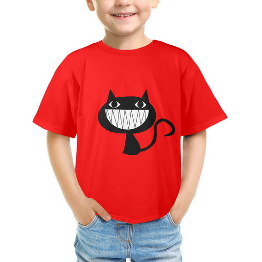 cool cat kids t shirt in red worn by child with smiling cat graphic on front