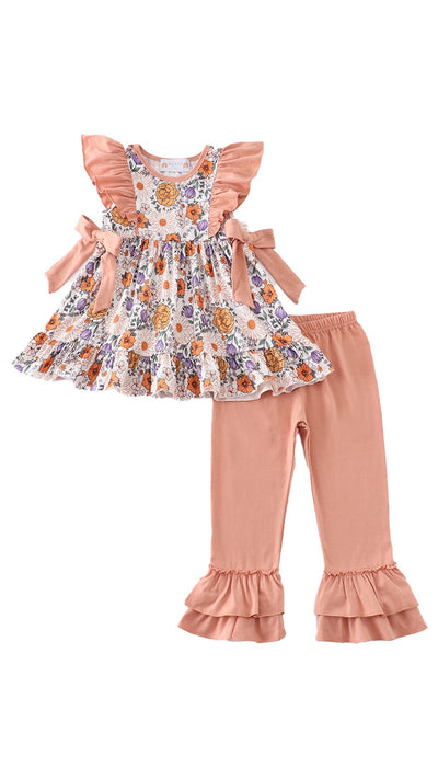 Adorable Coral Floral Print Ruffle Girl Set For Stylish Babies And Toddlers - LuckeLadybug LLC