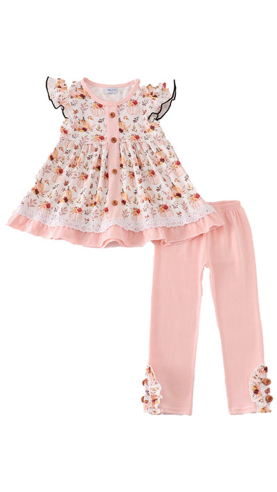 Adorable Coral Pumpkin Print Girl Set For Your Little Fashionista | 0-2 Years - LuckeLadybug LLC