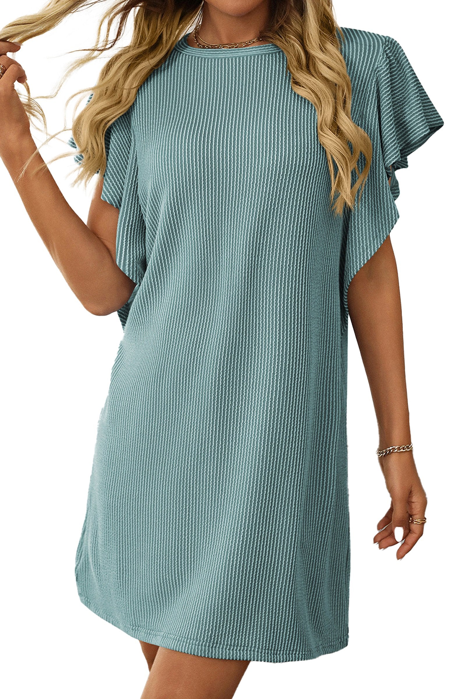 LuckeLadybug corded ruffle sleeve shift dress in blue, perfect for casual summer outings