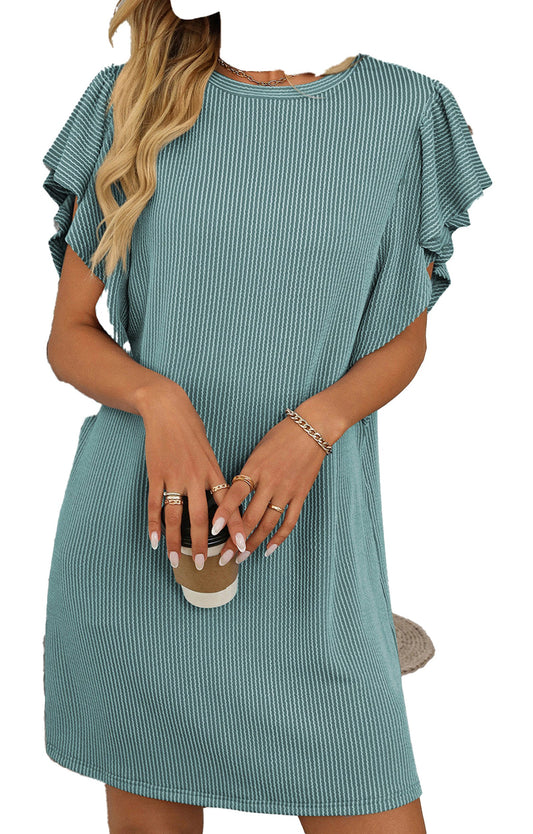 LuckeLadybug corded ruffle sleeve shift dress in teal, featuring stylish ruffled sleeves