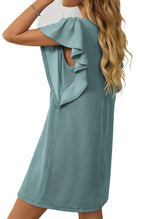 LuckeLadybug corded ruffle sleeve shift dress in blue with stylish ruffle details on sleeves