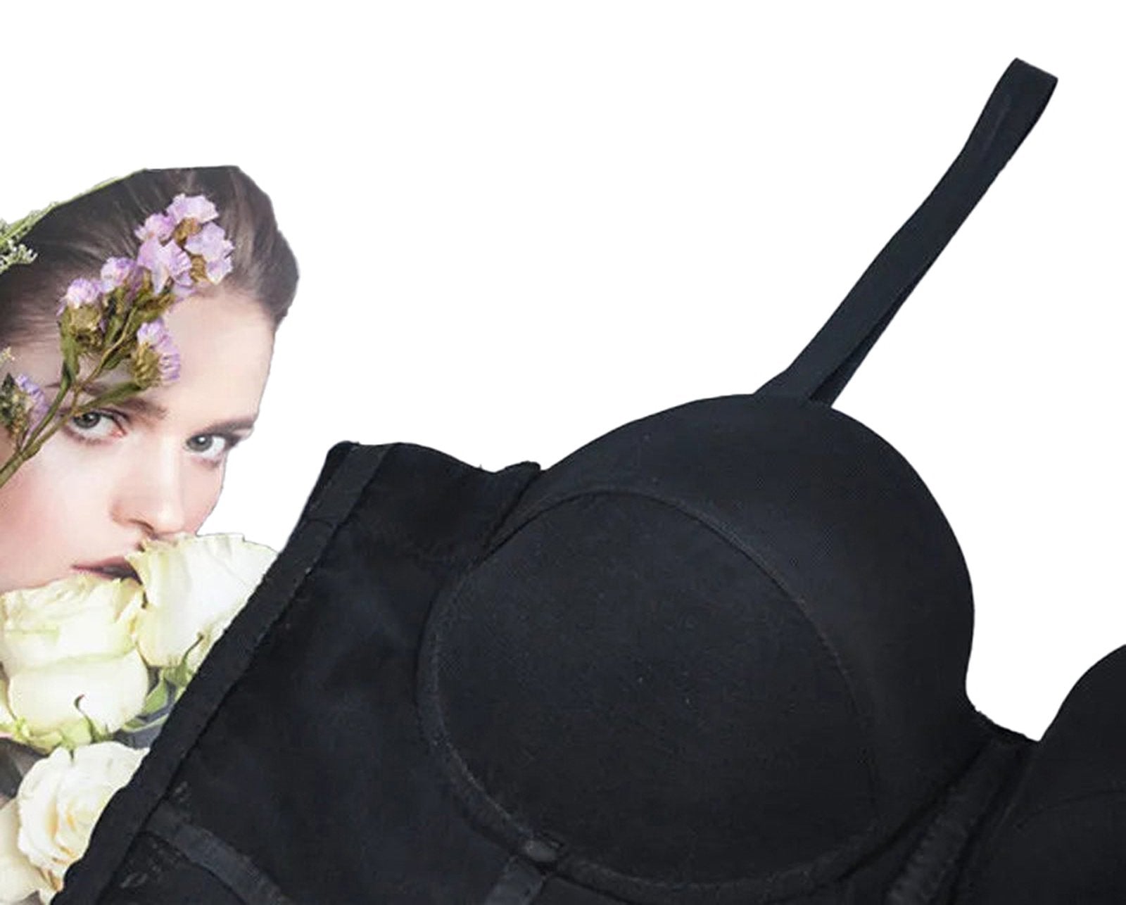 Elegant plus size mesh corset top in black designed for a flattering fit, styled with floral accents