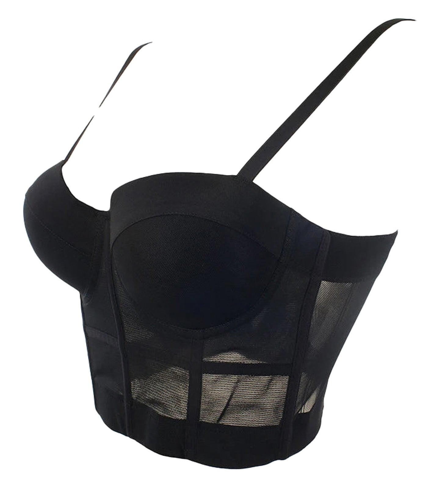 Black plus size mesh corset top with adjustable straps and a structured design for a flattering fit