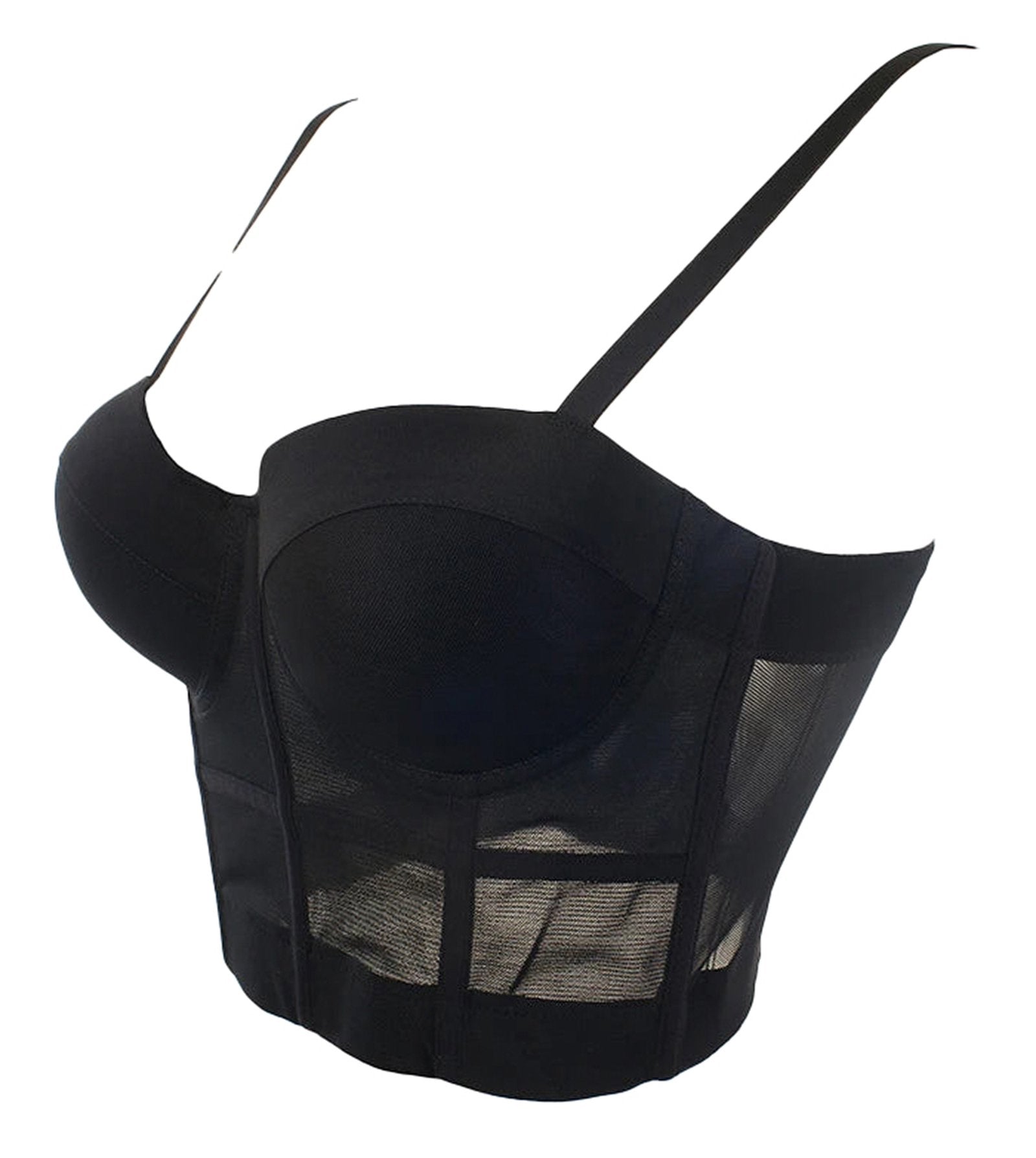 Black plus size mesh corset top with adjustable straps and a structured design for a flattering fit