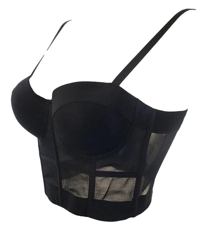 Black plus size mesh corset top with adjustable straps and a structured design for a flattering fit
