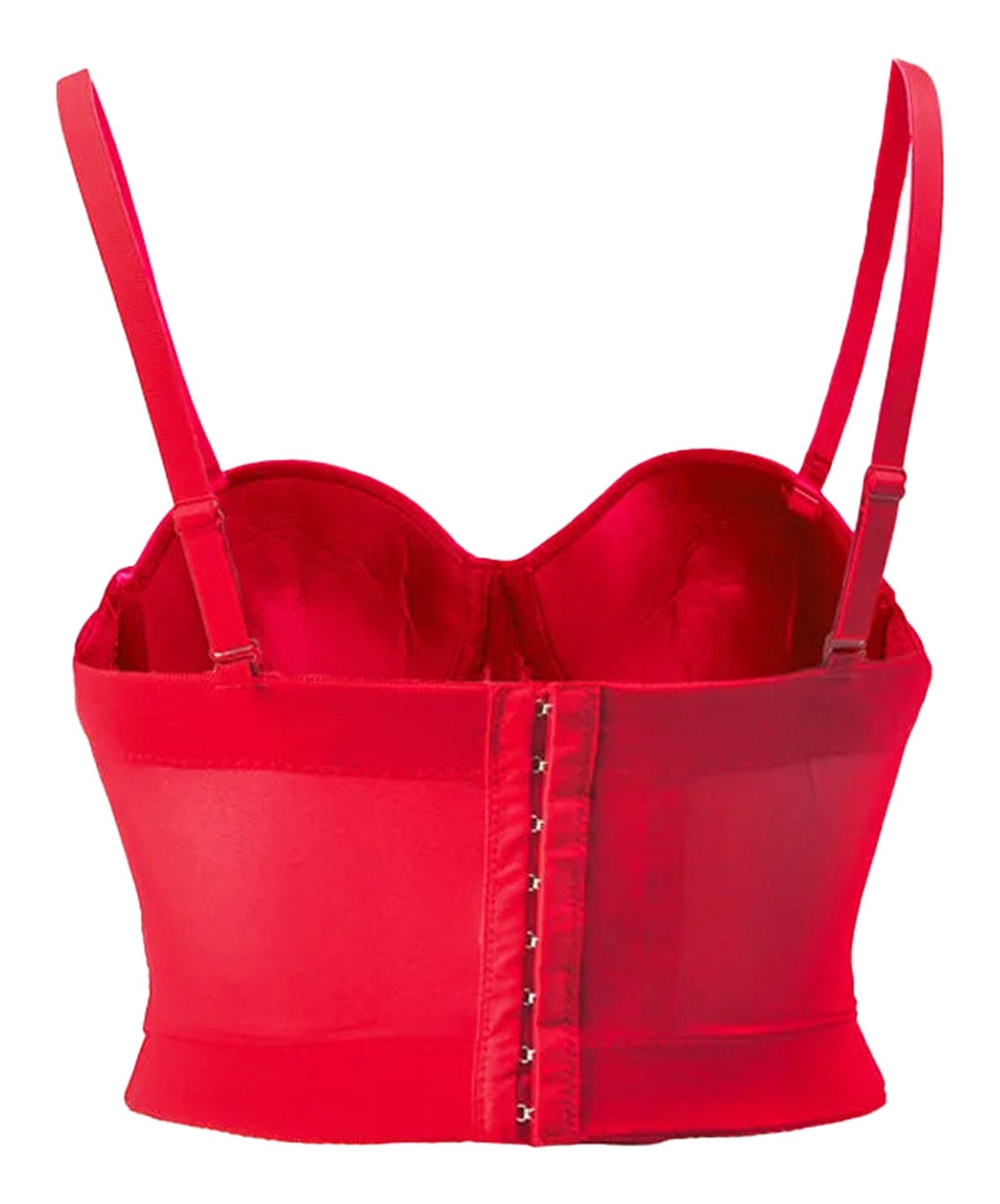 Red plus size mesh corset top from LuckeLadybug LLC with adjustable straps for a flattering fit