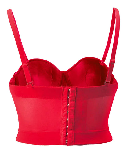 Red plus size mesh corset top from LuckeLadybug LLC with adjustable straps for a flattering fit