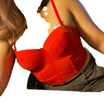 Red plus size mesh corset top with structured cups and adjustable straps for a flattering fit
