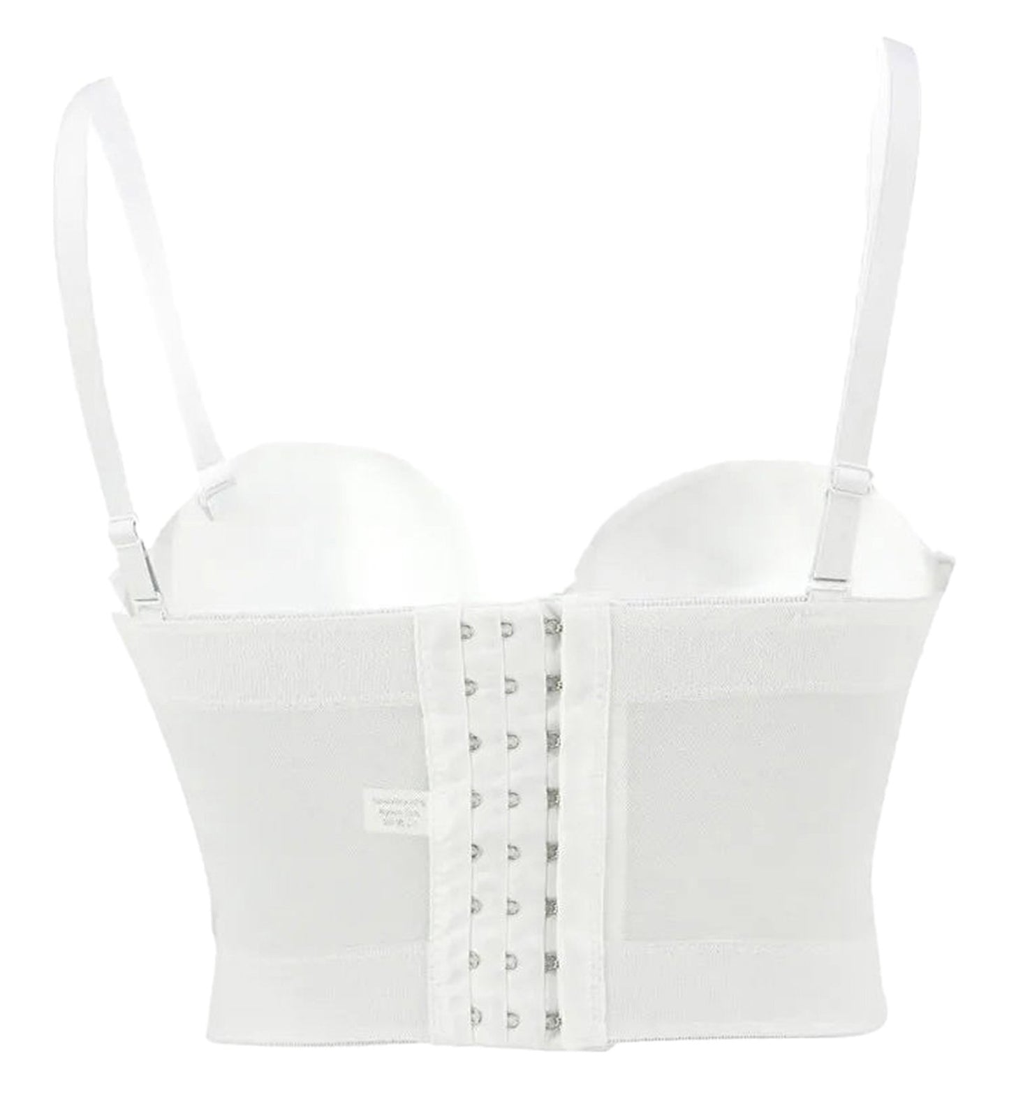 White plus size mesh corset top with adjustable straps and front hook closure for a flattering fit