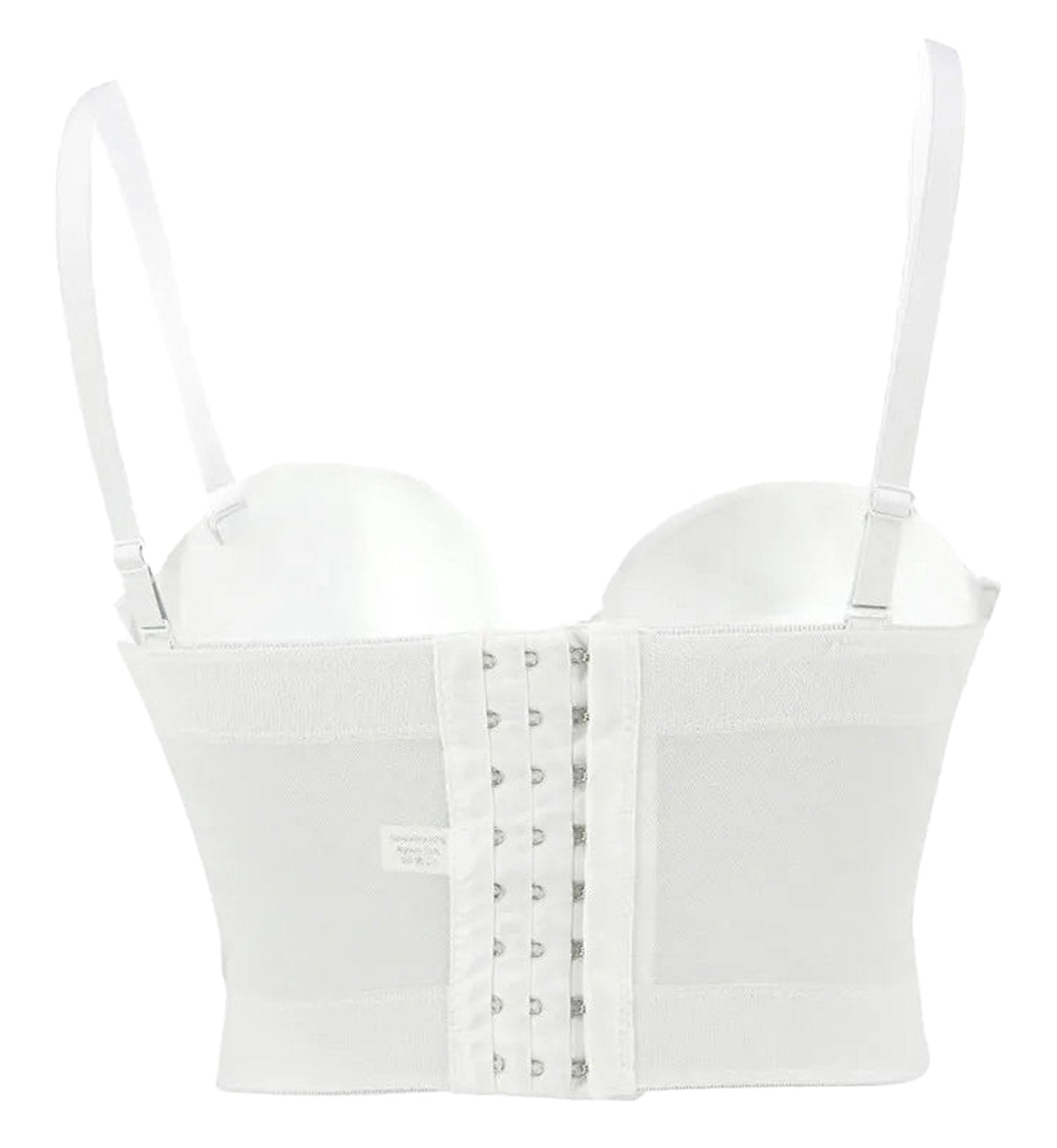 White plus size mesh corset top with adjustable straps and front hook closure for a flattering fit