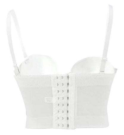 White plus size mesh corset top with adjustable straps and front hook closure for a flattering fit