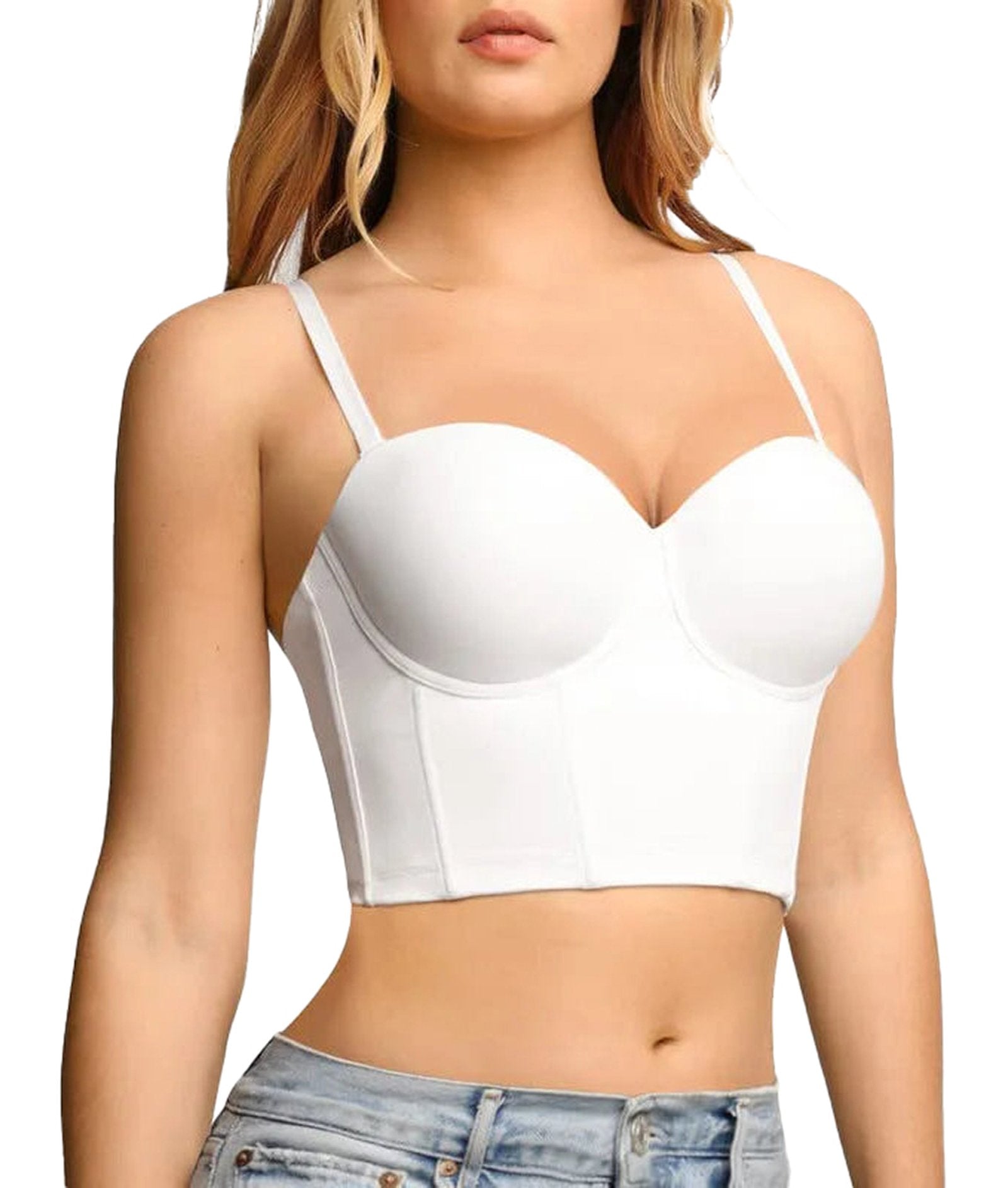 Plus size mesh corset top in white with adjustable straps and structured design for a flattering fit