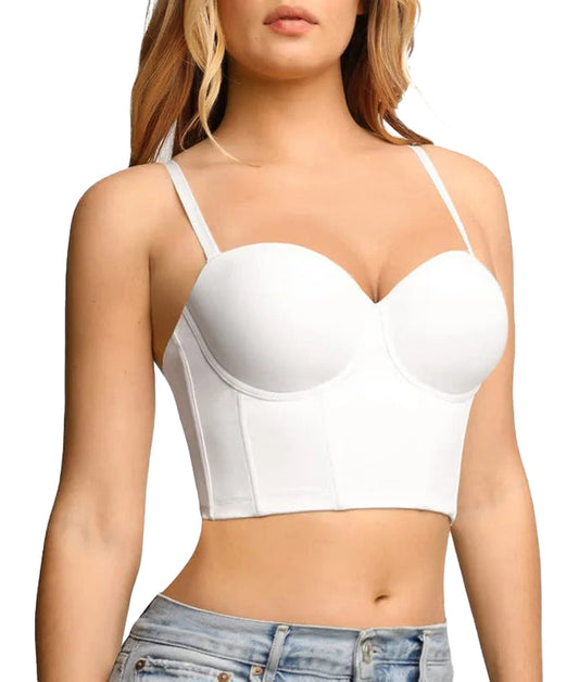 Plus size mesh corset top in white with adjustable straps and structured design for a flattering fit