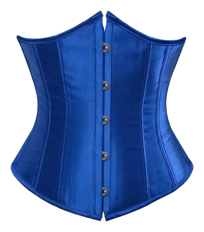 Shiny blue corset top for women with a fitted silhouette and front buttons, perfect for stylish outfits.