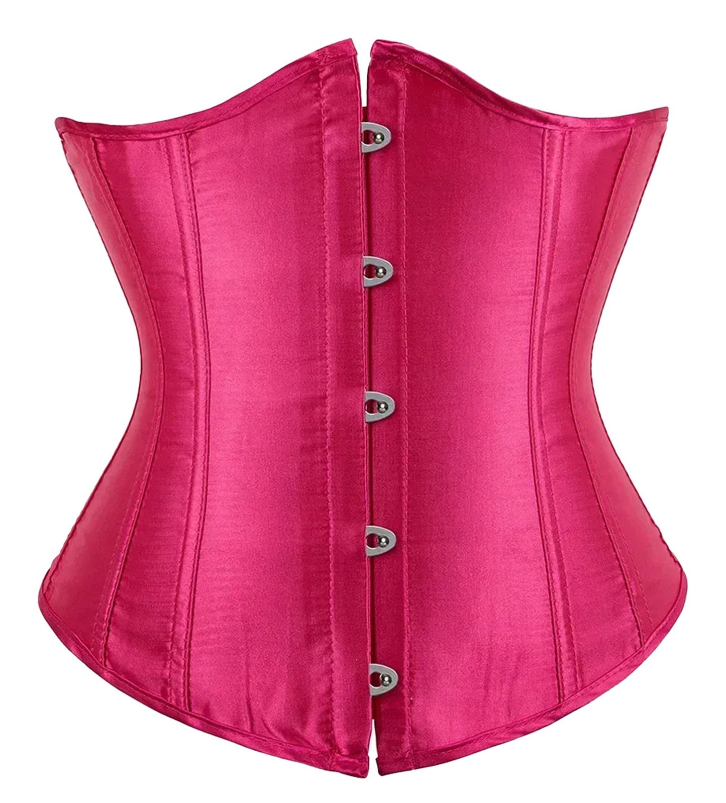 Hot pink satin corset top for women with a stylish back button closure and hourglass silhouette