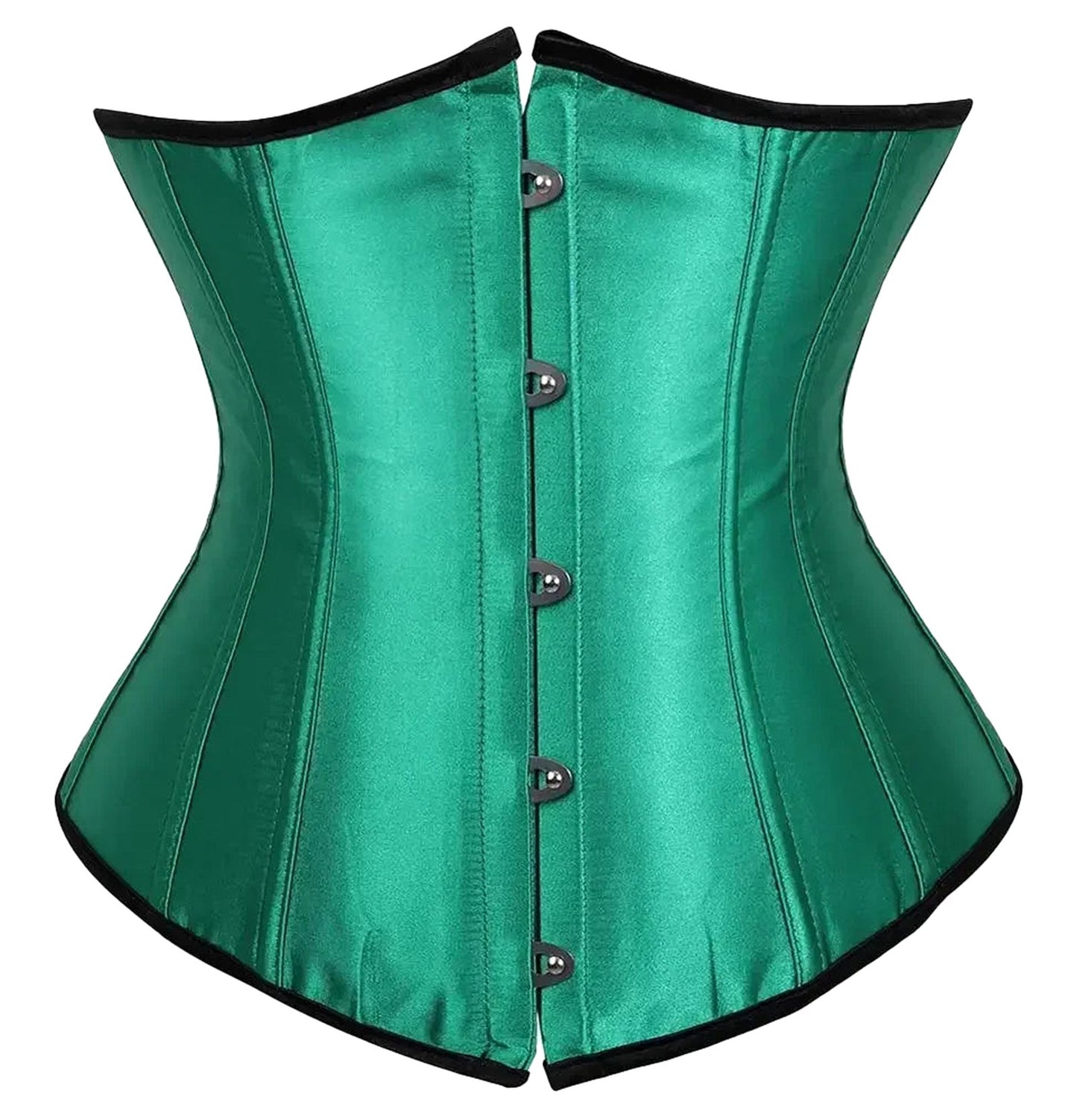 Emerald green satin corset top for women featuring a sleek silhouette and front clasp design