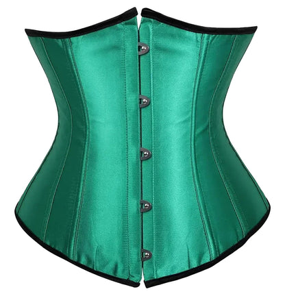 Emerald green satin corset top for women featuring a sleek silhouette and front clasp design
