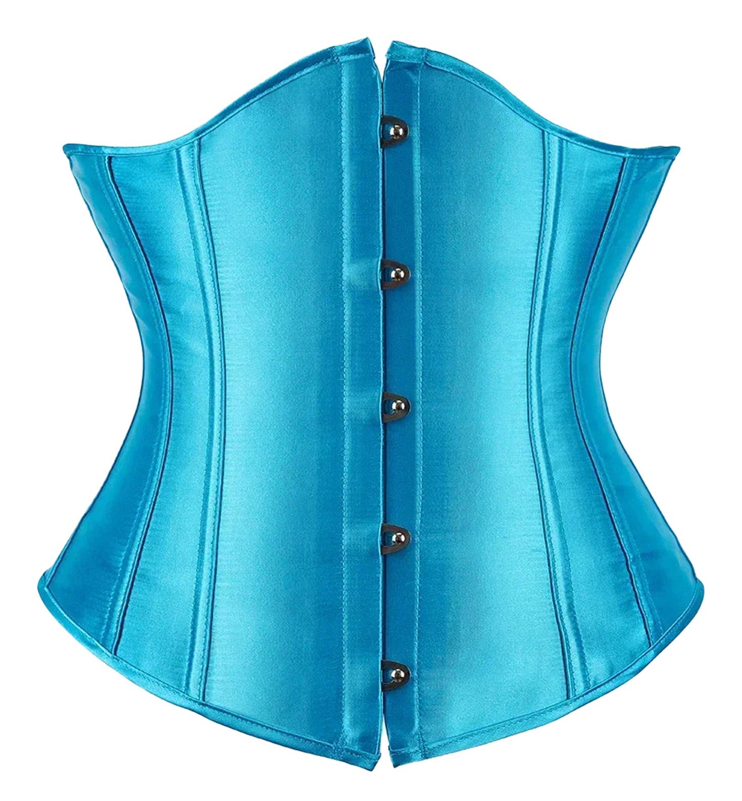 Turquoise satin corset top for women with decorative buttons and a fitted design