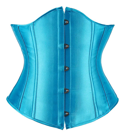 Turquoise satin corset top for women with decorative buttons and a fitted design