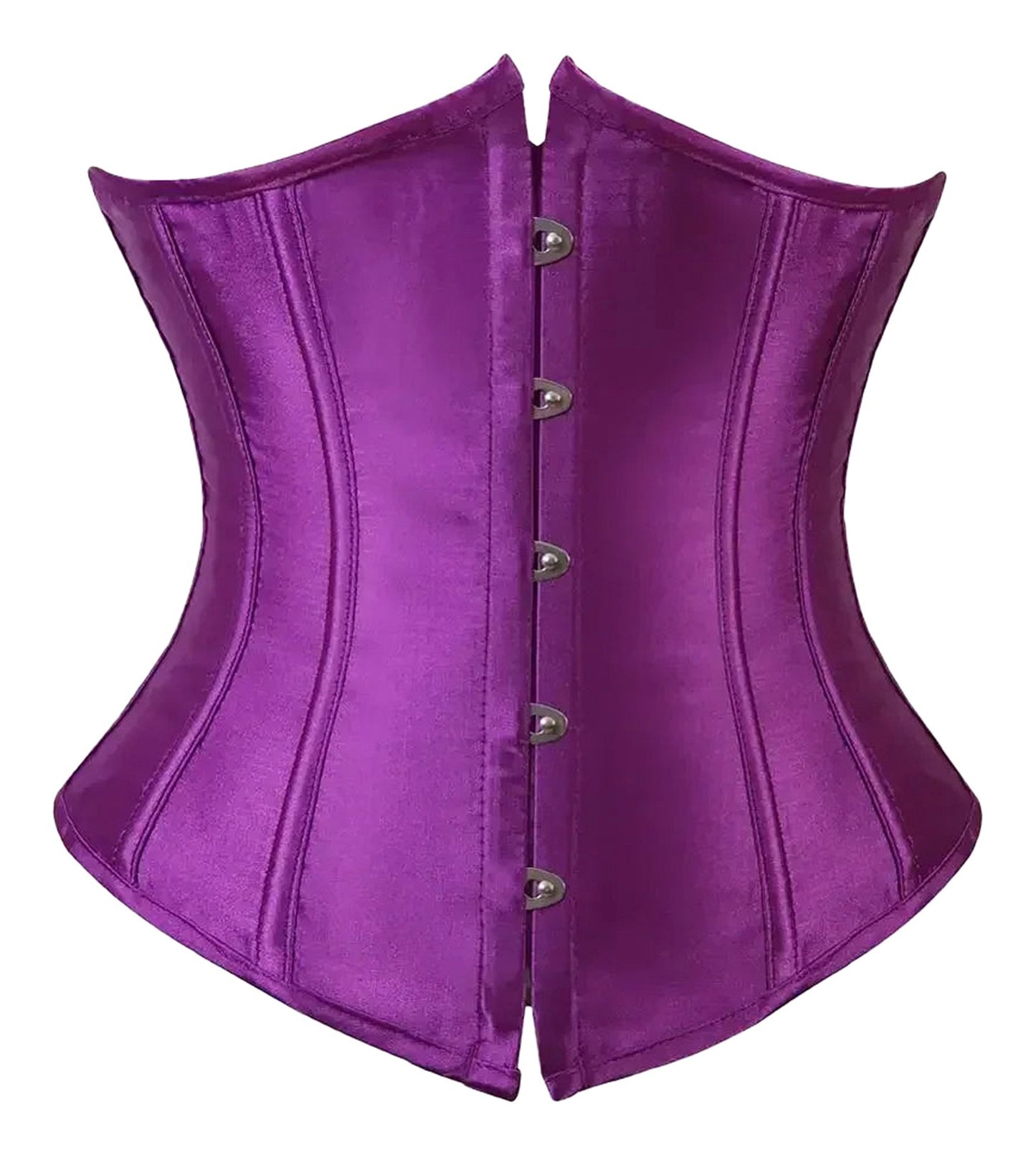 Purple satin corset top for women with structured design and front fastening buttons