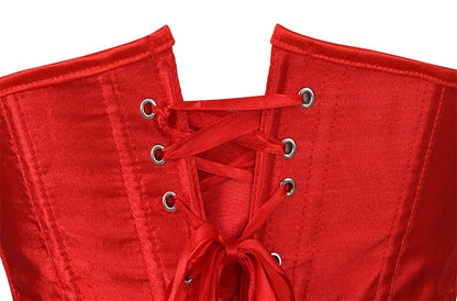 Close-up of a red satin corset top for women featuring lace-up design and metallic eyelets