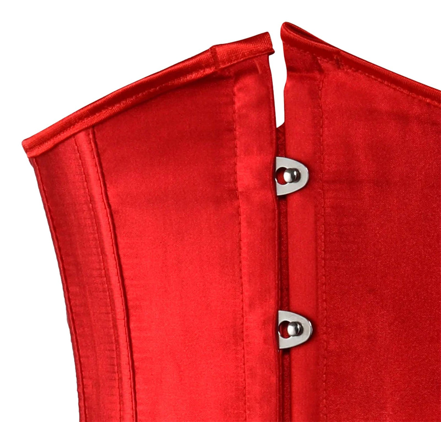 Red satin corset top for women featuring hook closures and structured design for a flattering fit