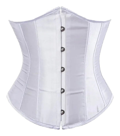 White satin corset top for women featuring a structured design with button closure