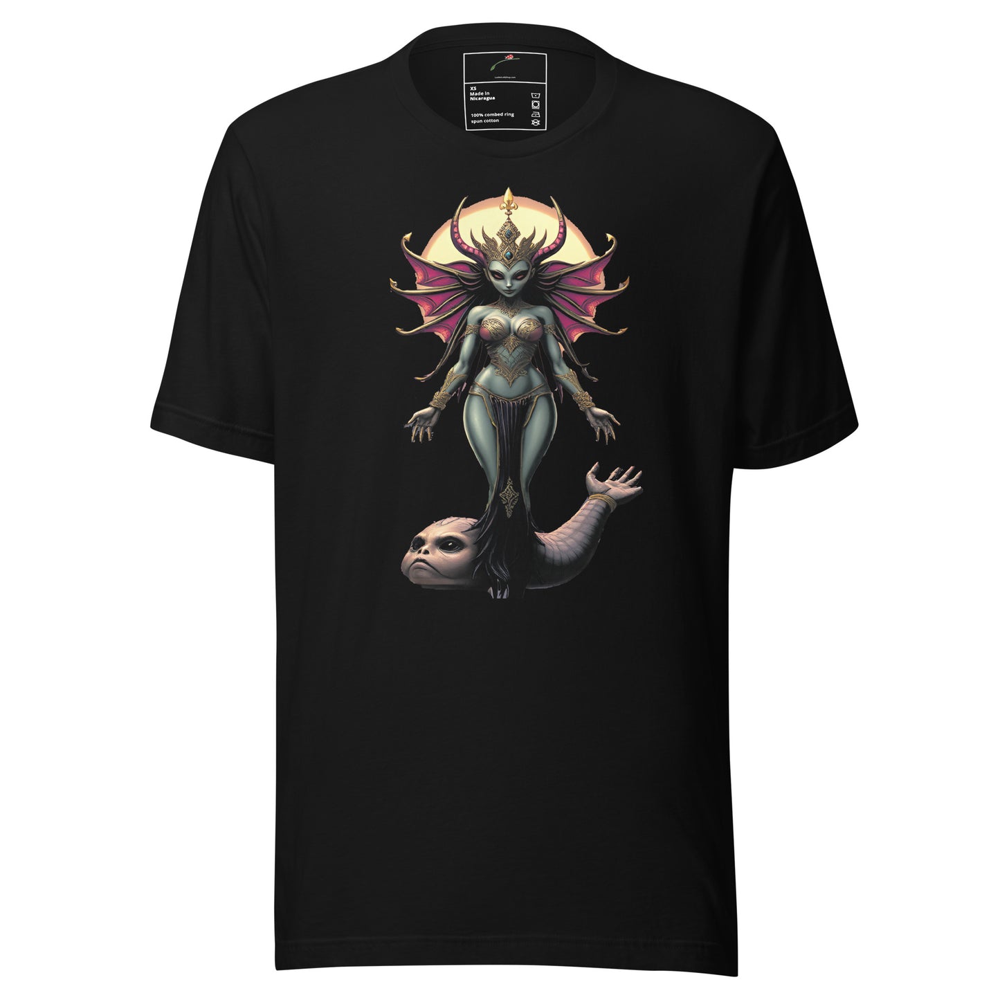 Black T-shirt featuring a cosmic alien goddess design with detailed artwork on the front cosmic alien goddess tee