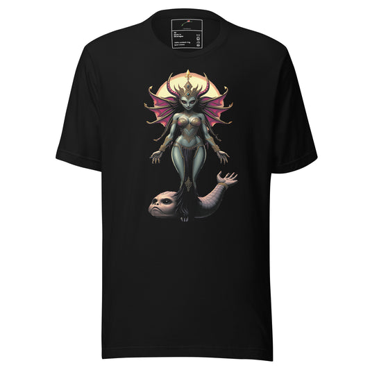 Black T-shirt featuring a cosmic alien goddess design with detailed artwork on the front cosmic alien goddess tee