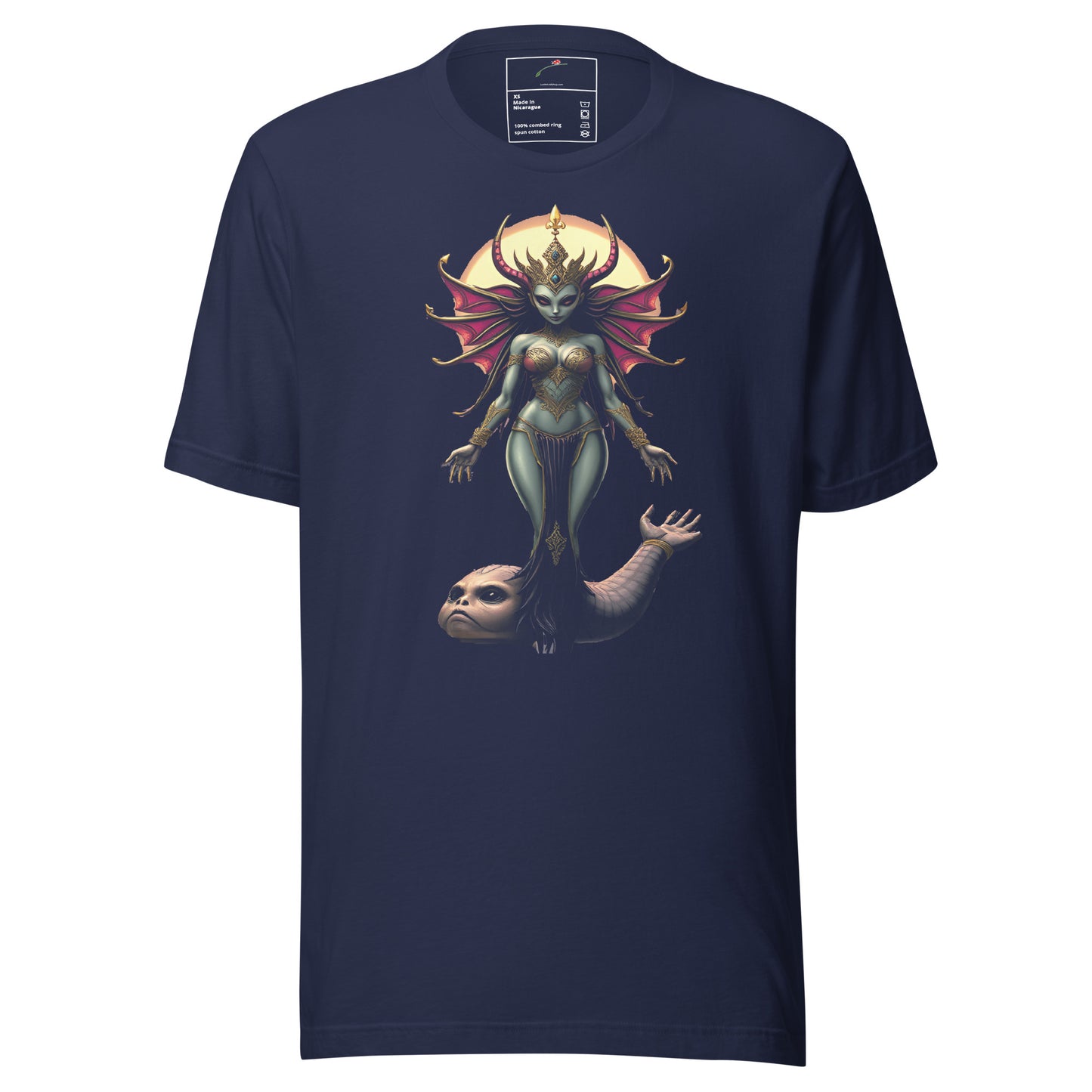 LuckeLadybug navy t-shirt featuring cosmic alien goddess tee graphic with celestial and mystical design