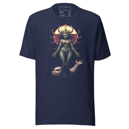 LuckeLadybug navy t-shirt featuring cosmic alien goddess tee graphic with celestial and mystical design