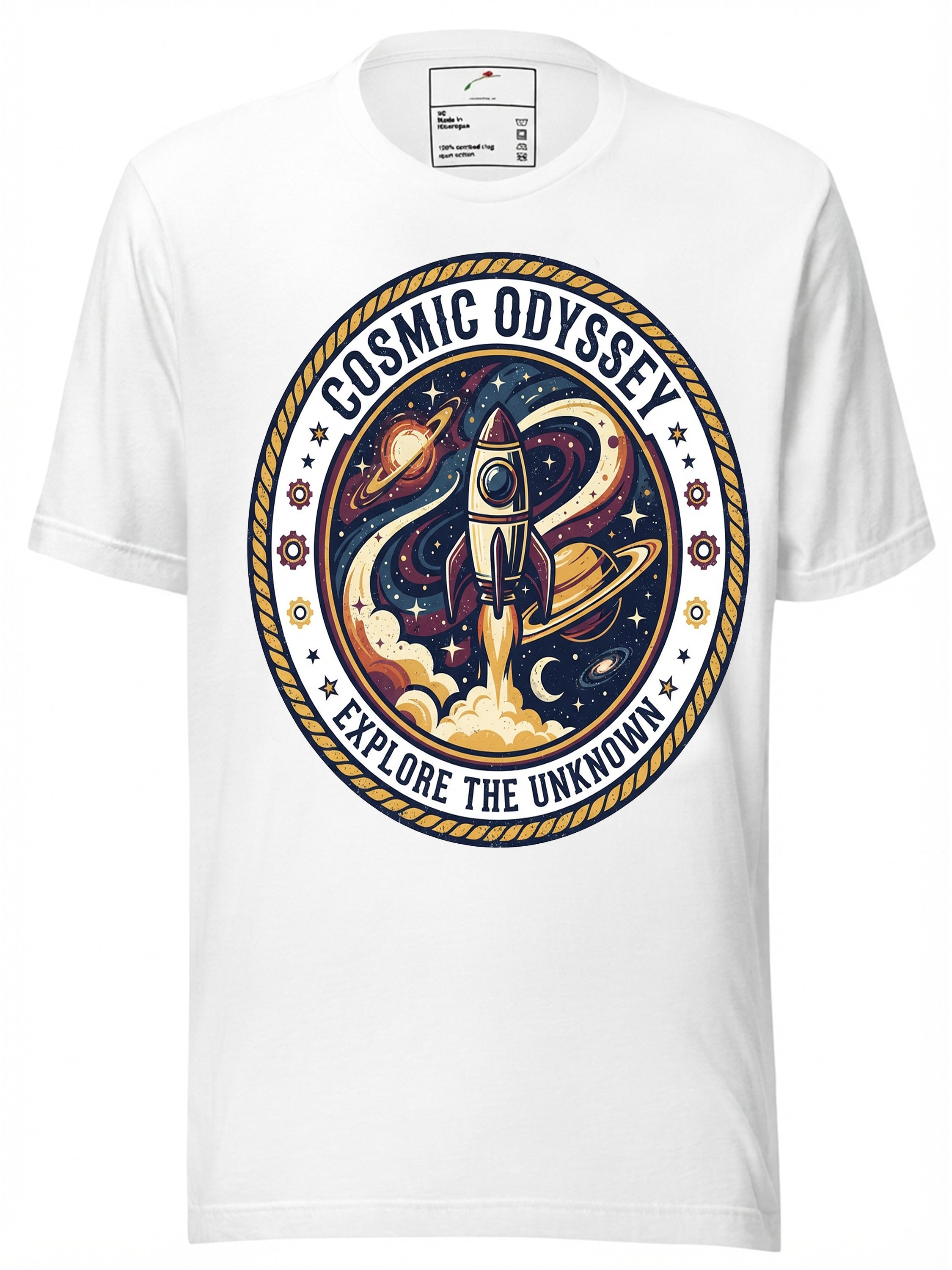 LuckeLadybug graphic tees t shirt featuring a Cosmic Odyssey rocket design with planets and a space theme
