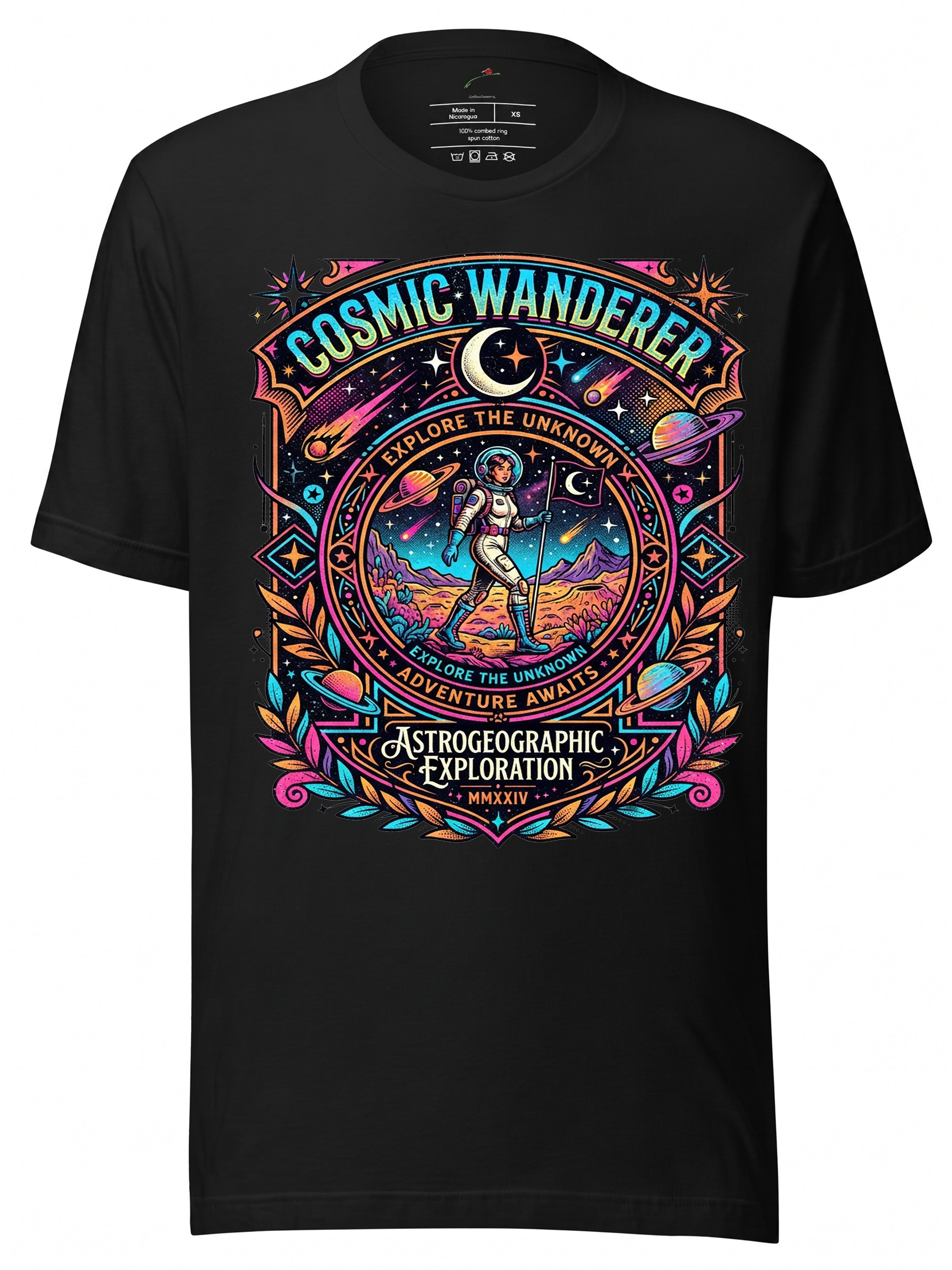 Cosmic Wanderer Graphic Tees T Shirt featuring colorful design and adventure theme for exploration lovers