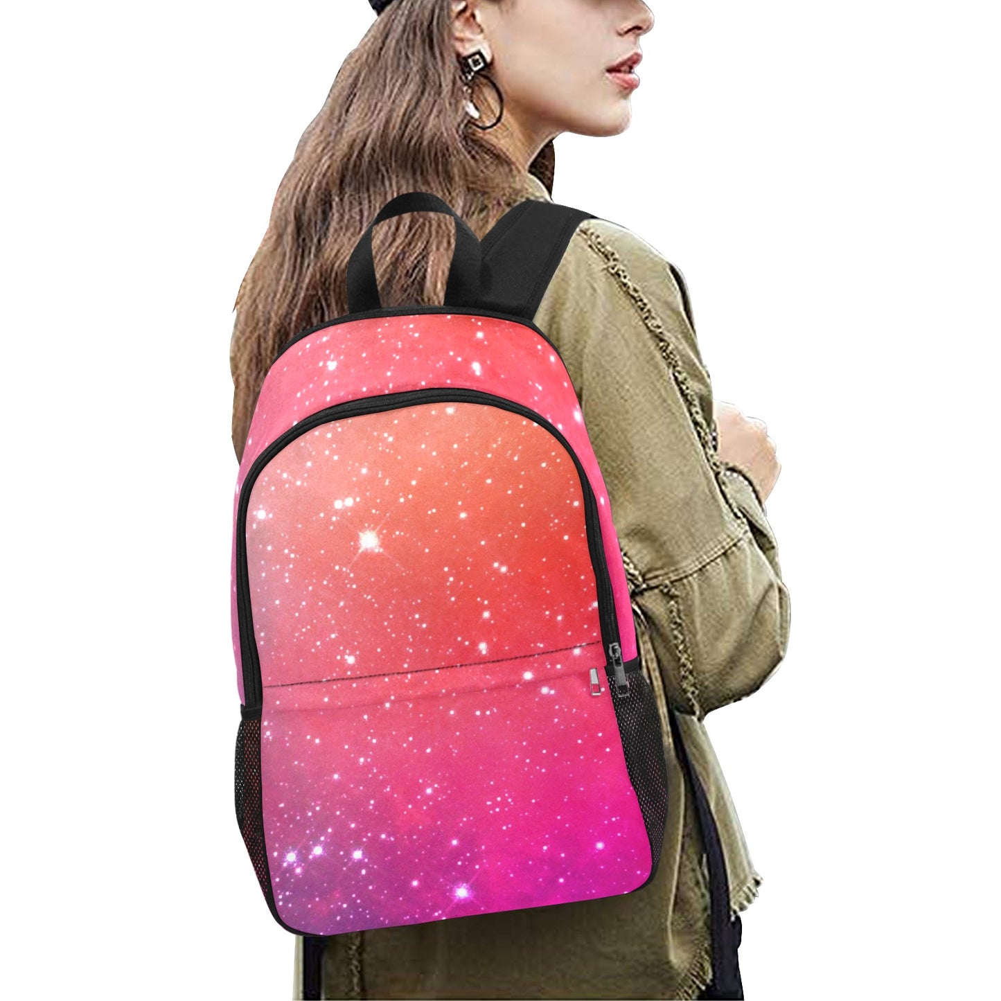 Inkedjoy galaxy pink orange backpack on model fashion backpack with side mesh pockets and black straps
