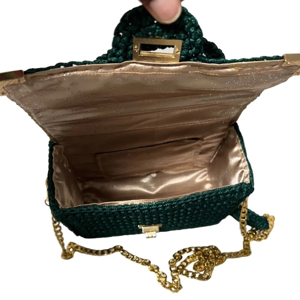 Cottage Core Handmade Satchel Bag in green with chain strap and satin interior