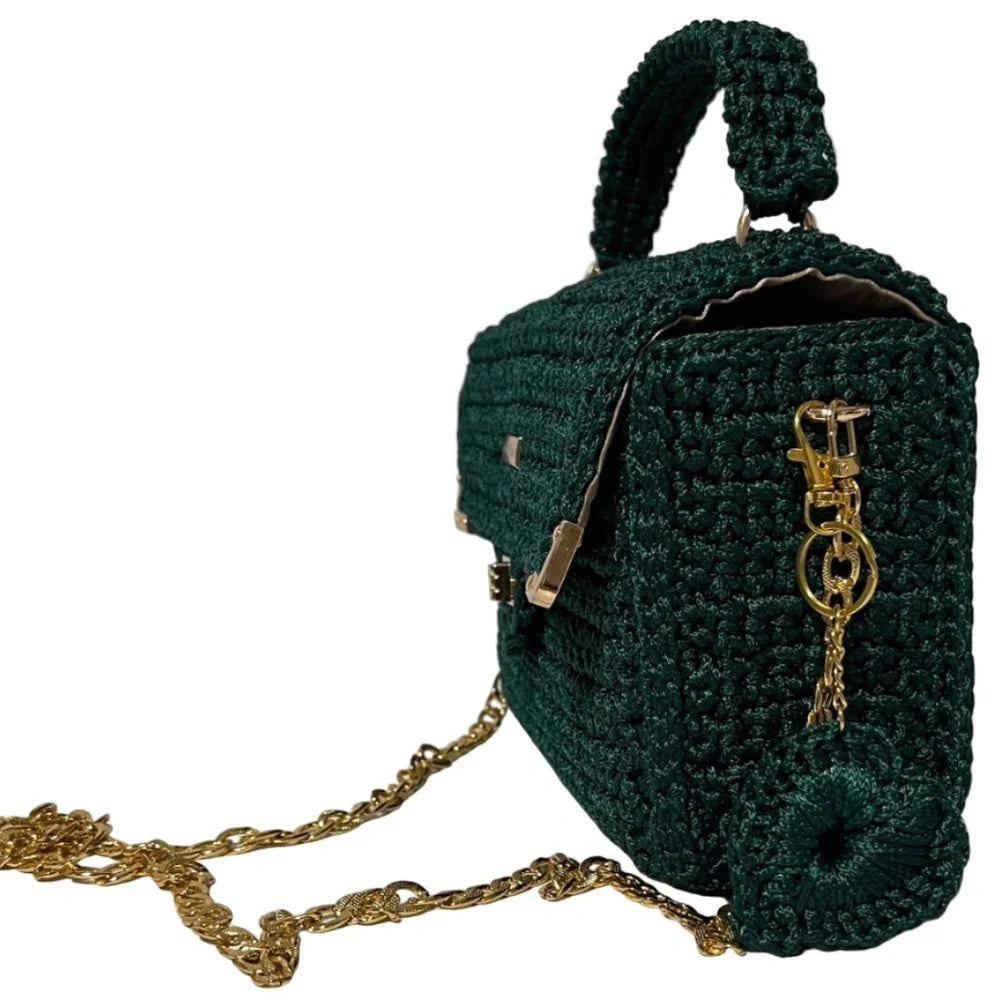 Cottage Core Handmade Satchel Bag in dark green with intricate crochet detailing and gold chain strap