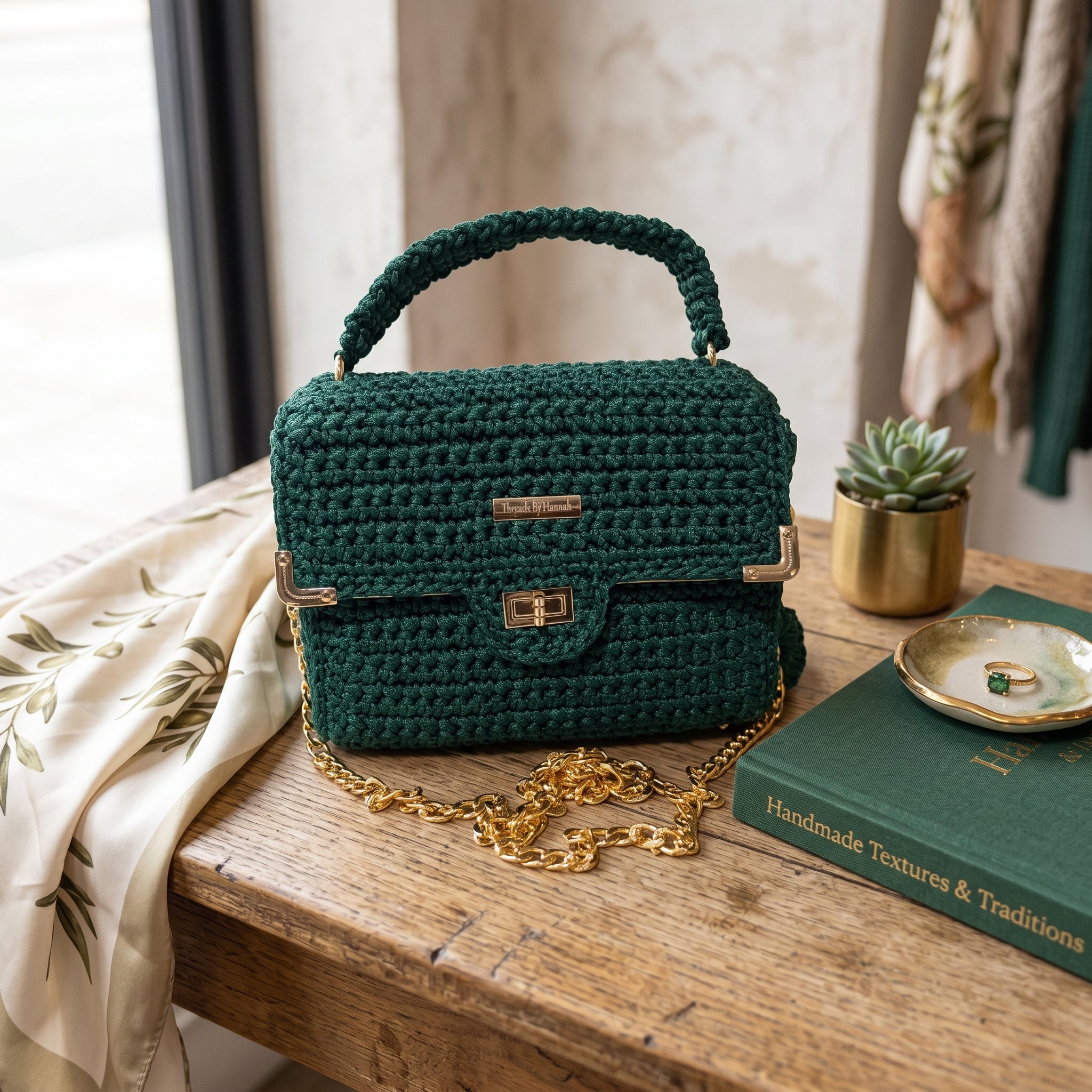 Cottage Core Handmade Satchel Bag in green with crochet texture and detachable chain strap
