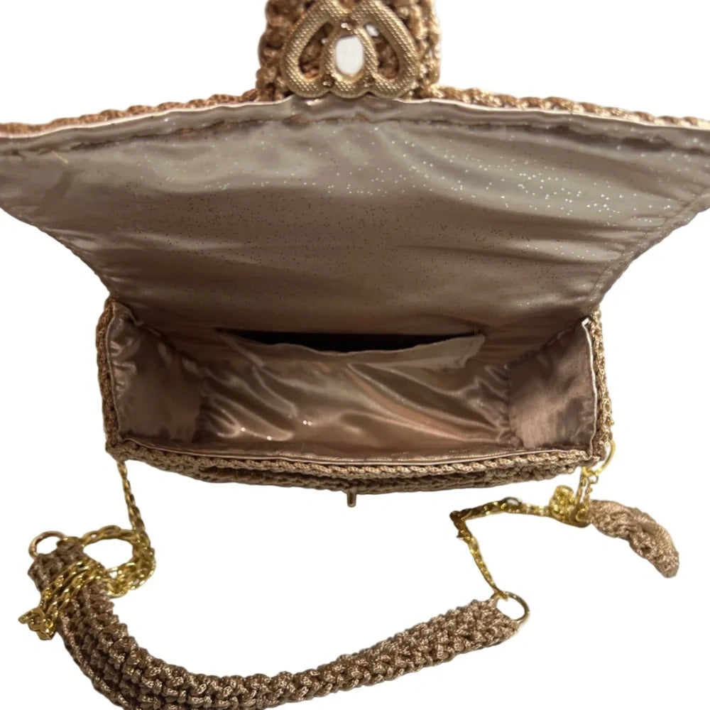 Interior view of a Cottage Core Satchel HandBag by ThreadsByHannah with a spacious compartment and gold chain strap