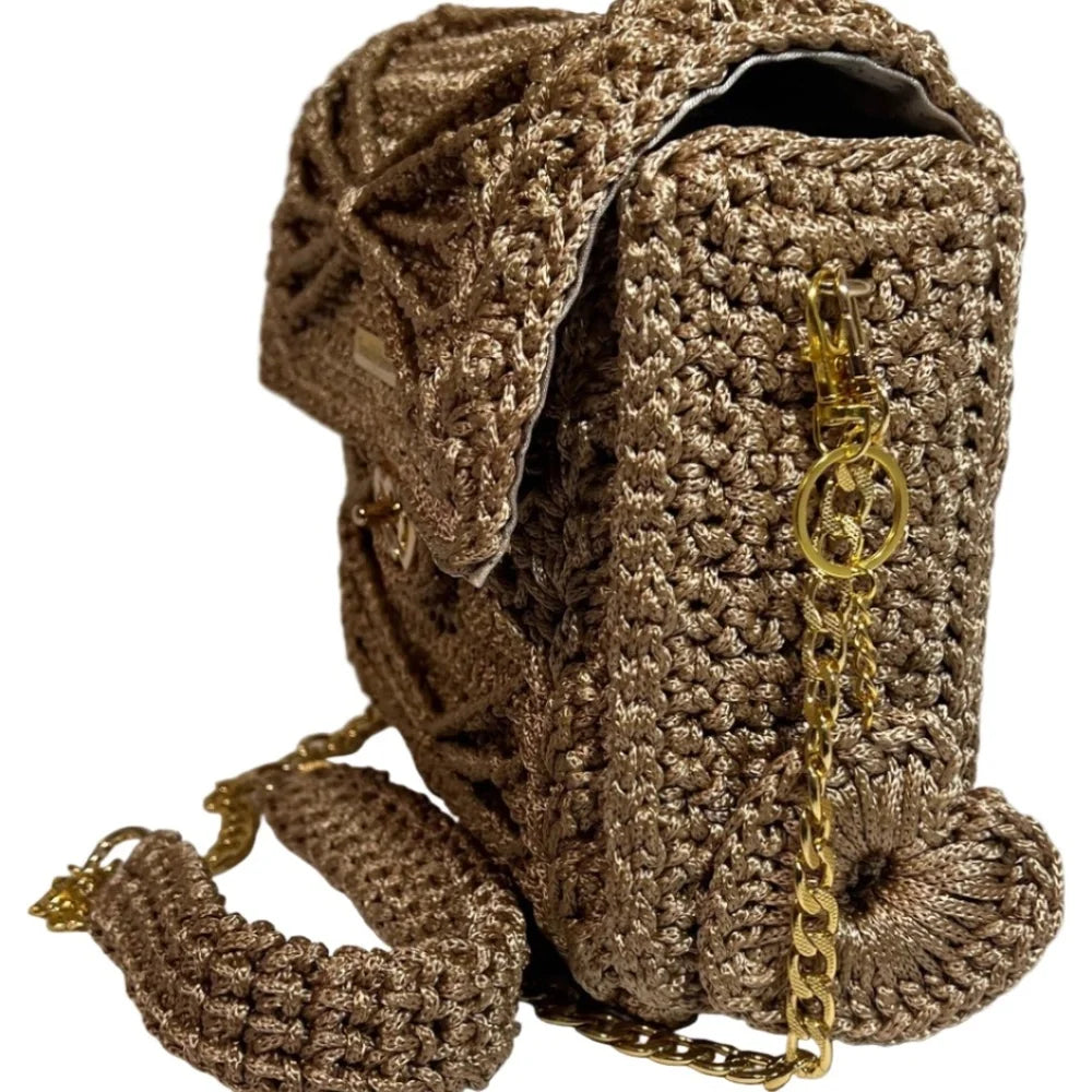 Cottage Core Satchel HandBag in woven design with gold chain for stylish outings