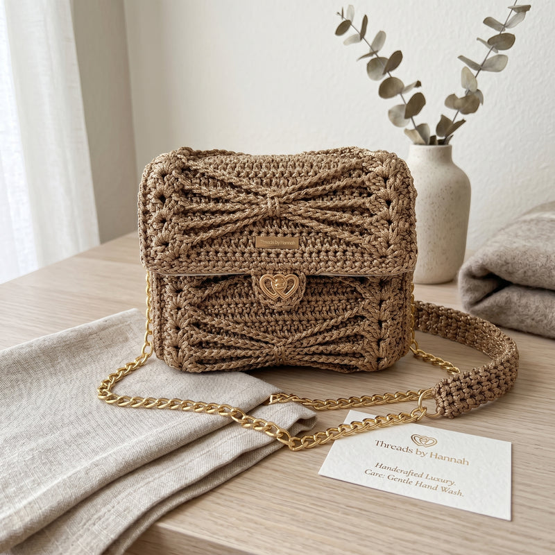 ThreadsByHannah Cottage Core Satchel HandBag in natural color with a chic macrame design and gold chain strap