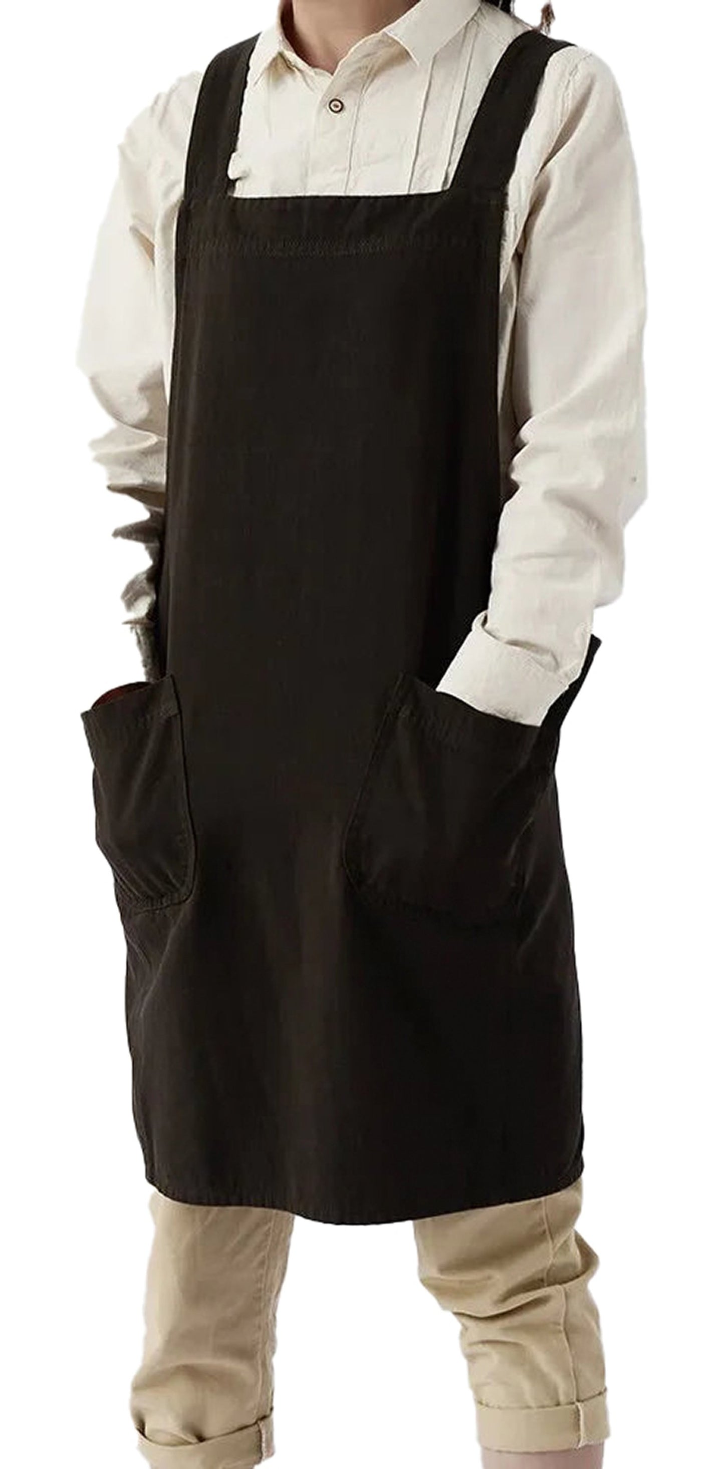 Cotton linen cross back apron in dark color with large front pockets for practical use