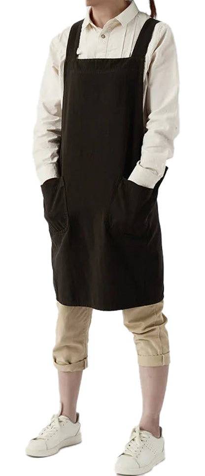LuckeLadybug LLC cotton linen cross back apron in dark brown with pockets for stylish kitchen wear