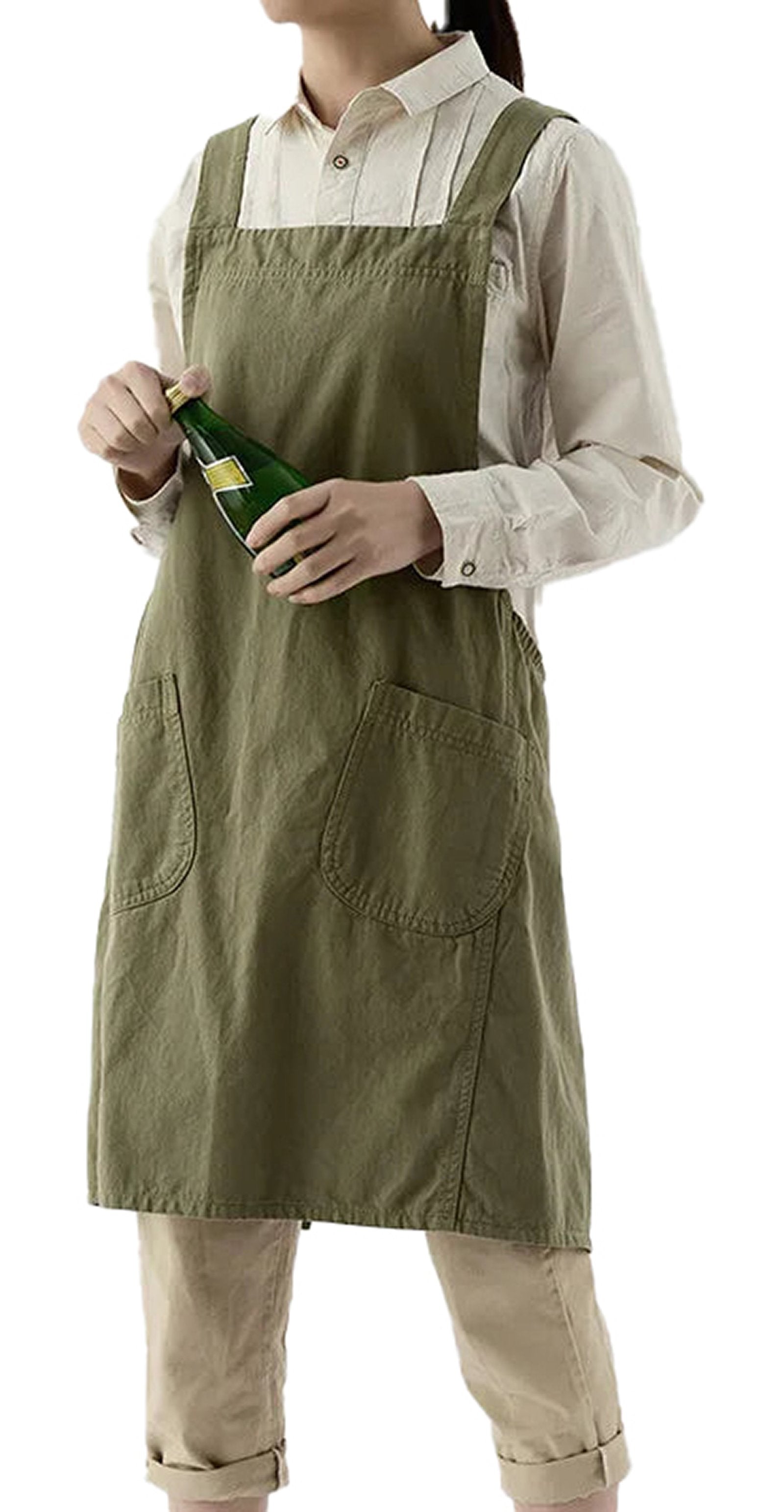 Cotton linen cross back apron in olive green with large pockets, perfect for kitchen or gardening tasks