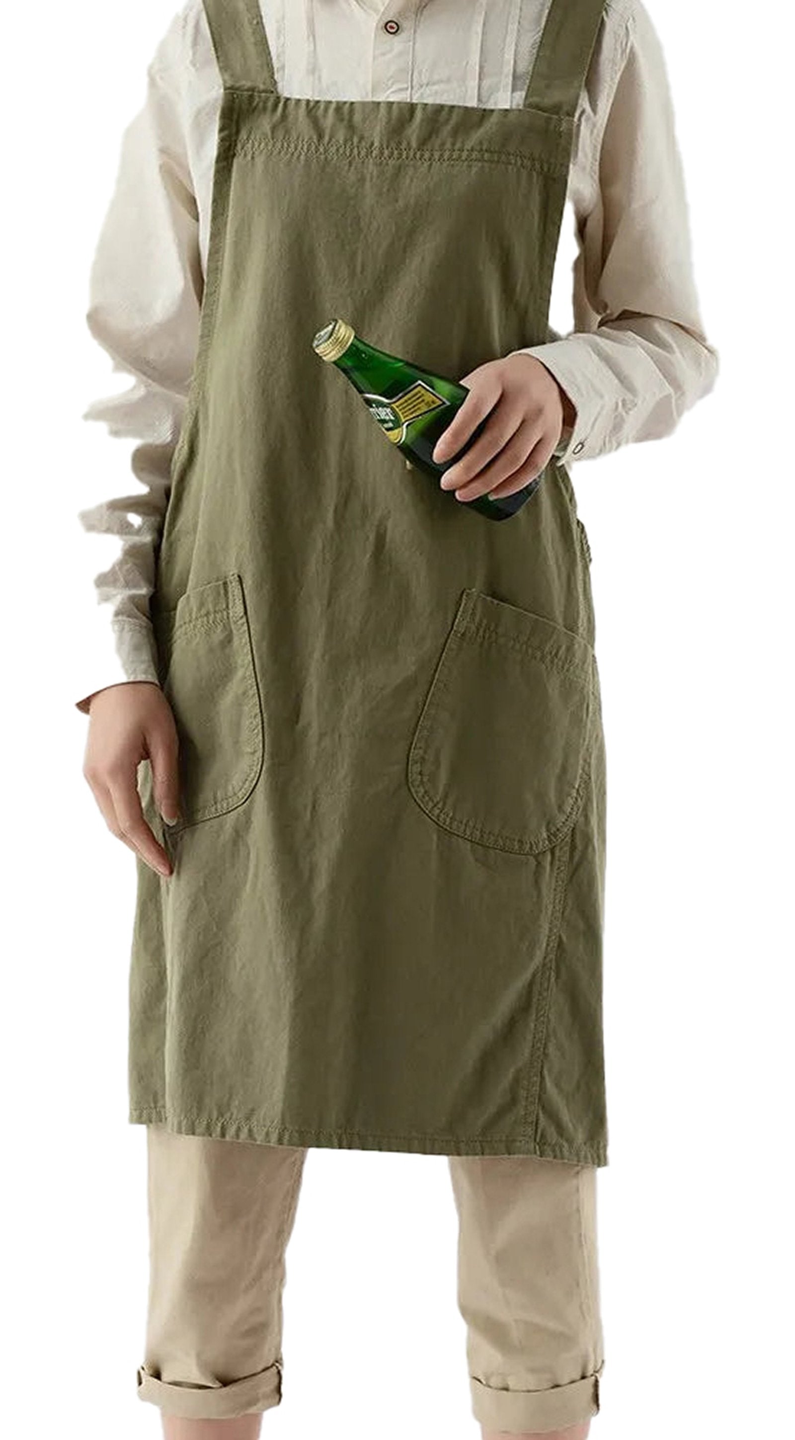 LuckeLadybug cotton linen cross back apron in olive green with front pockets for versatile use