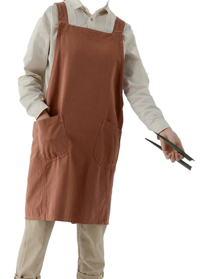 LuckeLadybug Cotton Linen Cross Back Apron in Rust with Spacious Front Pockets for Everyday Use