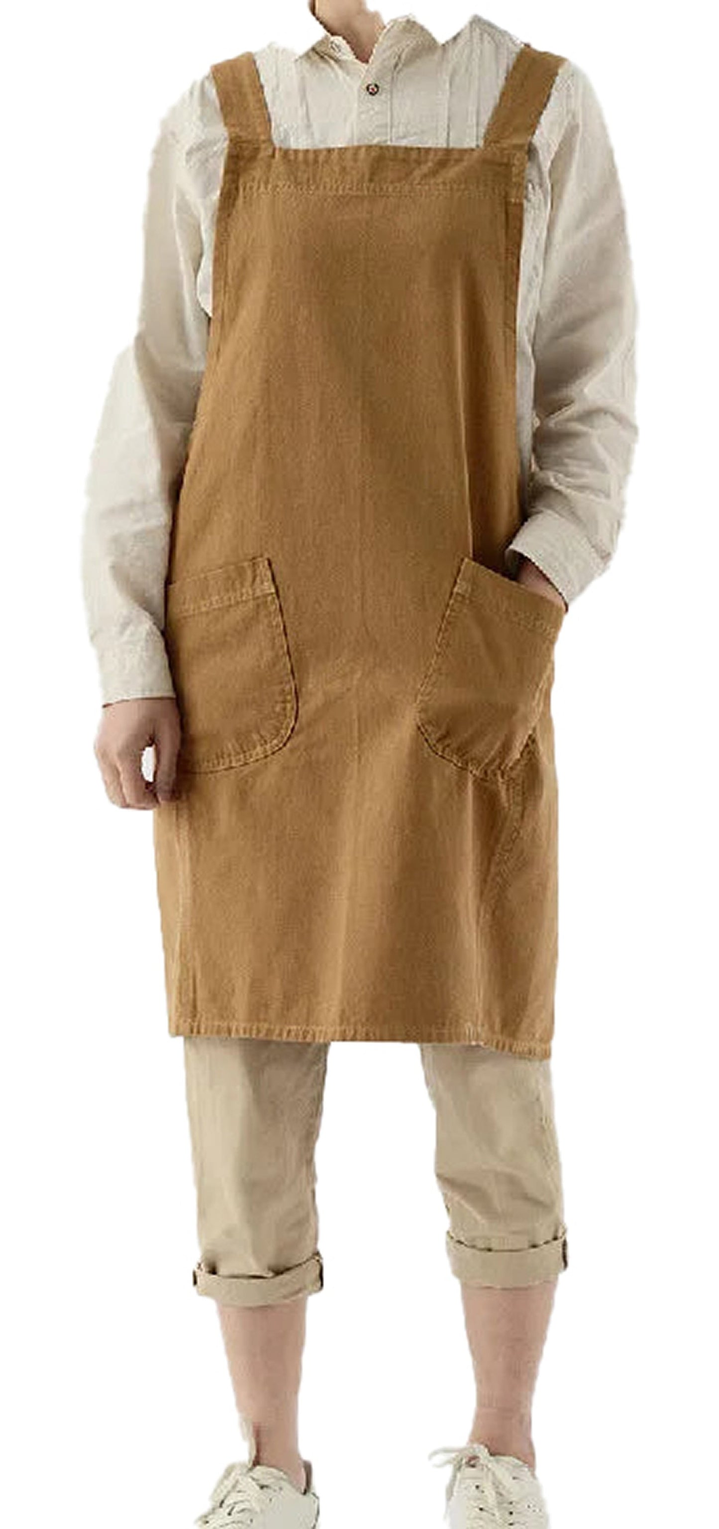 LuckeLadybug LLC Cotton linen cross back apron in brown with two large pockets